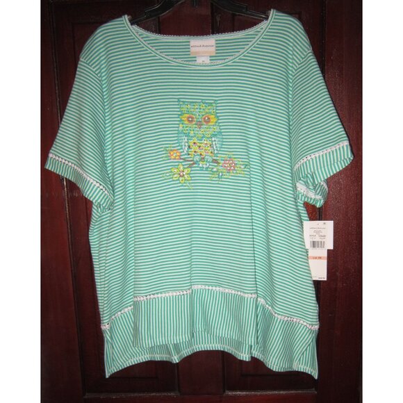 Alfred Dunner Woman Plus New 2X Knit Top Tee Shirt Striped Owl Embroidered Beads - Picture 1 of 3